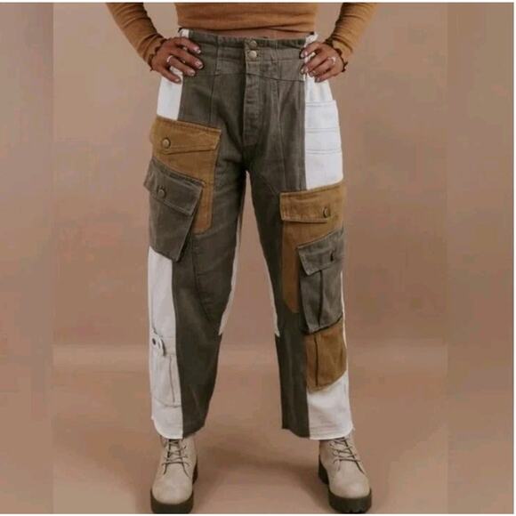 Oli & Hali Patchwork Paperbag Cargo Pants M Boho Utility Earthy Mineral Wash - Picture 14 of 16